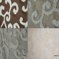 sheer with embroidered crewel design, Pattern Strathcona, scroll design, colors
