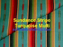 Schindler's Fabrics label for Laura & Kiran Sundance Stripe Turquoise Multi