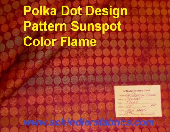 Schindler's Fabrics Shop tag for Pattern Sunspot Color Flame polka dot design woven decorating and upholstery fabric