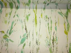 premium upscale high end large scale print of a 50's inspired artful rendering of bird and feathered foliage in vintage shades of sky and green on slub cotton