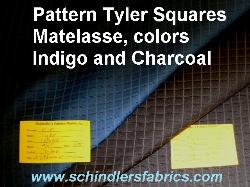 Click for video and image page of Pattern Tyler Squares Matelasse classic textured small square diamond pattern upholstery fabric, in colors Indigo (blue) Charcoal (black)
