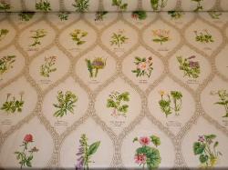 Chintz pattern Wild Flowers Color Meadow, from Northcroft Fabrics Ltd printed in the UK, Wild flower taxonomy chart, on cutting table