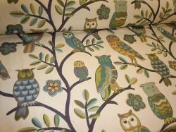 Pattern Wiseguy Color Spring Upholstery Owls and Trees Design Fabric, very heavy textured woven jacquard design