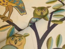 Closeup of Owls and Trees Design Fabric Wiseguy Spring Upholstery Fabric