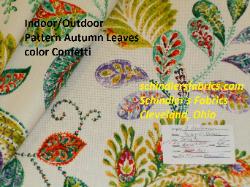 Indoor Outdoor Pattern Autumn Leaves a P Kaufmann fabric from the Pool House collection, in Color Confetti, basket weave texture, large colorful floral with colors green, red, orange, yellow, aqua, purple, citrine, jade on white
