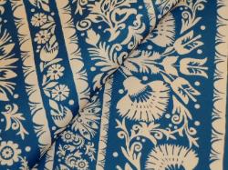 small basket weave texture, railroaded floral stripes blue on white