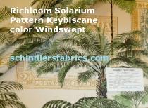 Indoor/Outdoor Richloom Solarium Pattern Key Biscayne color Windswept, tropical floral, palm trees and vintage stamp