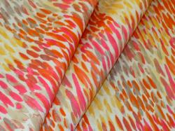 outdoor fabric, watercolor design print in red, orange, yellow, tans