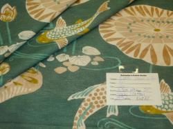 nautical design of koi fish and conches with a unique European flair, sea green and browns on a teal jade ground