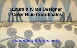 Laura & Kiran Designer Color Blue Coordinates Blue Chambre Spriral Branch and Uzbek Ikat in Blues