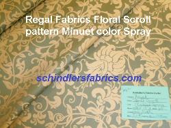 Regal Fabrics Floral Scroll pattern Minuet color Spray  poly/cotton upholstery and decorator fabric shop tag