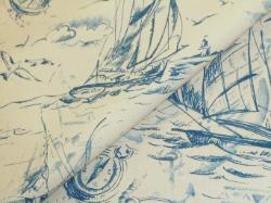 coastal nautical toile with lighthouses, sailboats, gulls, and anchors in indigo blue on white cotton duck